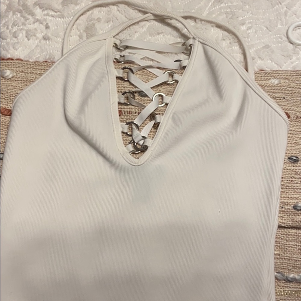 Lace up front, white bodysuit w/crisscross back